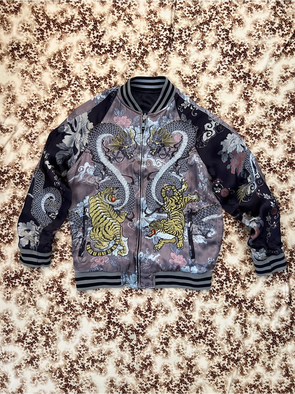 Zara Reversible Satin Sukajan Bomber Jacket With Embroidered Tiger & Dragon